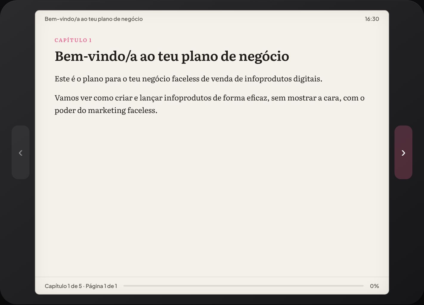 Página de Plano de Negócio na Área de Aluno