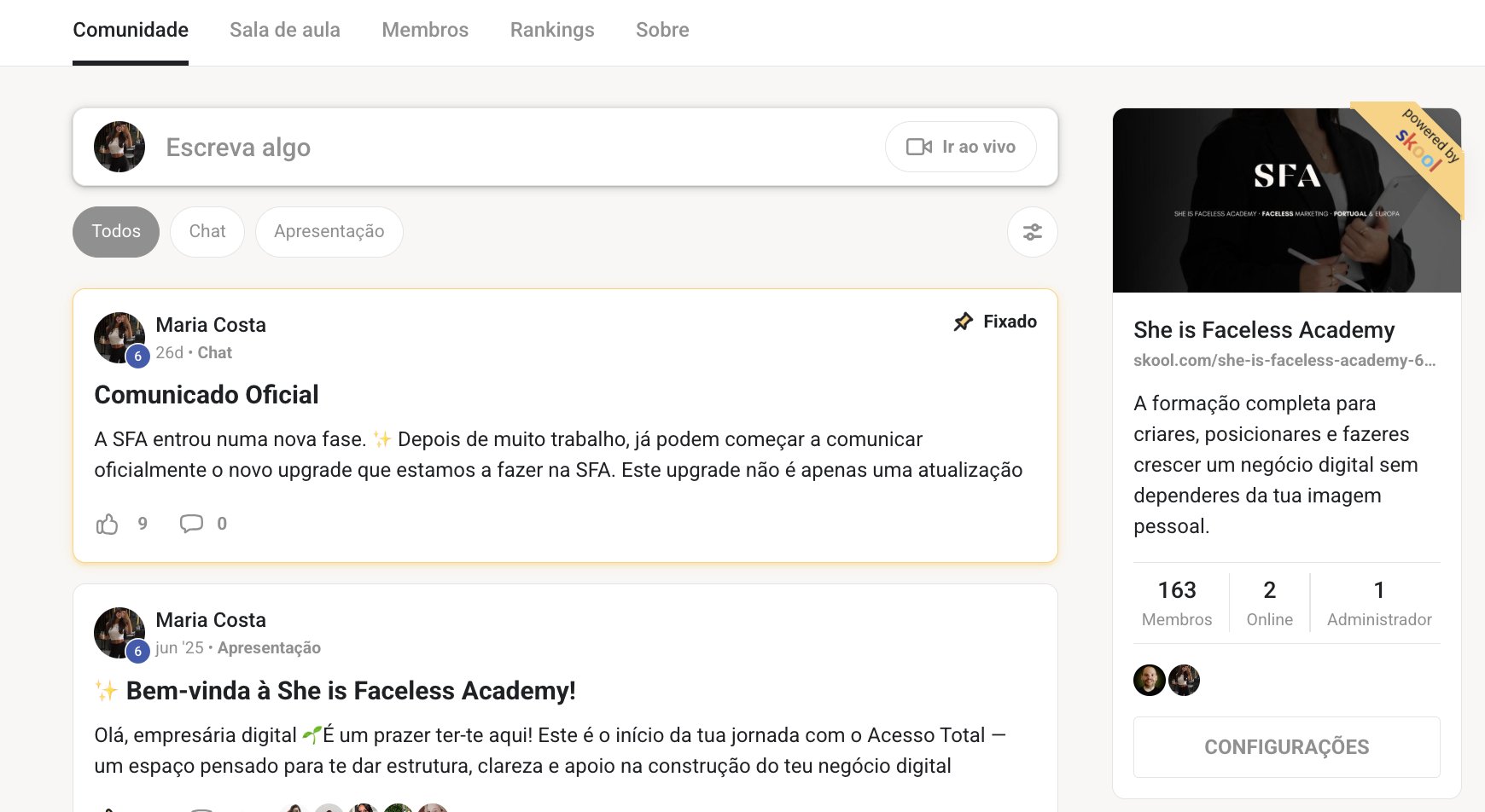 Comunidade She Is Faceless Academy na Skool, vista no computador